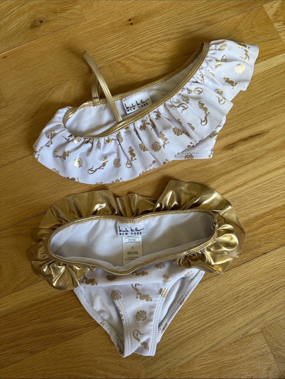 Girls Nicole Miller Ruffle Two-Piece Bikini with Gold Mermaid Print